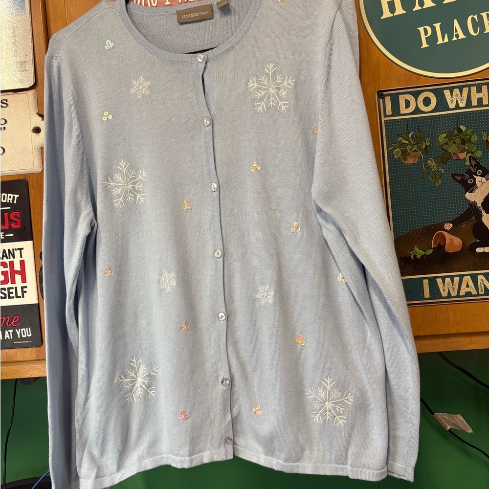 Croft & Barrow Pastel Blue Cardigan with Snowflake Details